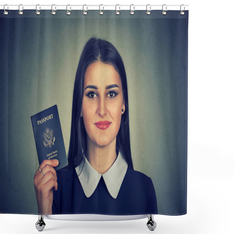 Personality  Portrait Attractive Young Happy Woman With USA Passport Shower Curtains