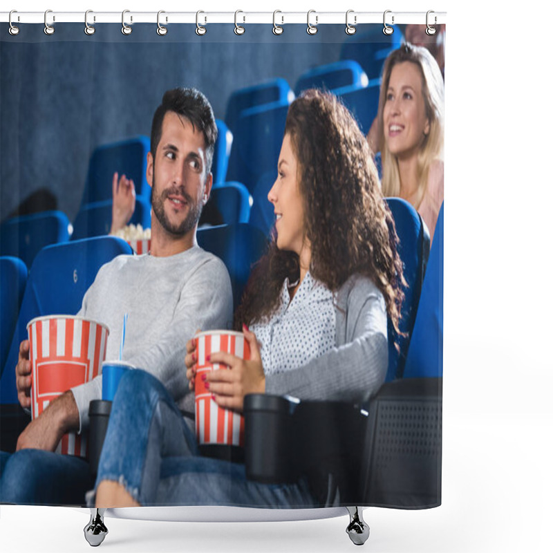 Personality  Couple With Popcorn And Soda Drink Watching Film Together In Cinema Shower Curtains