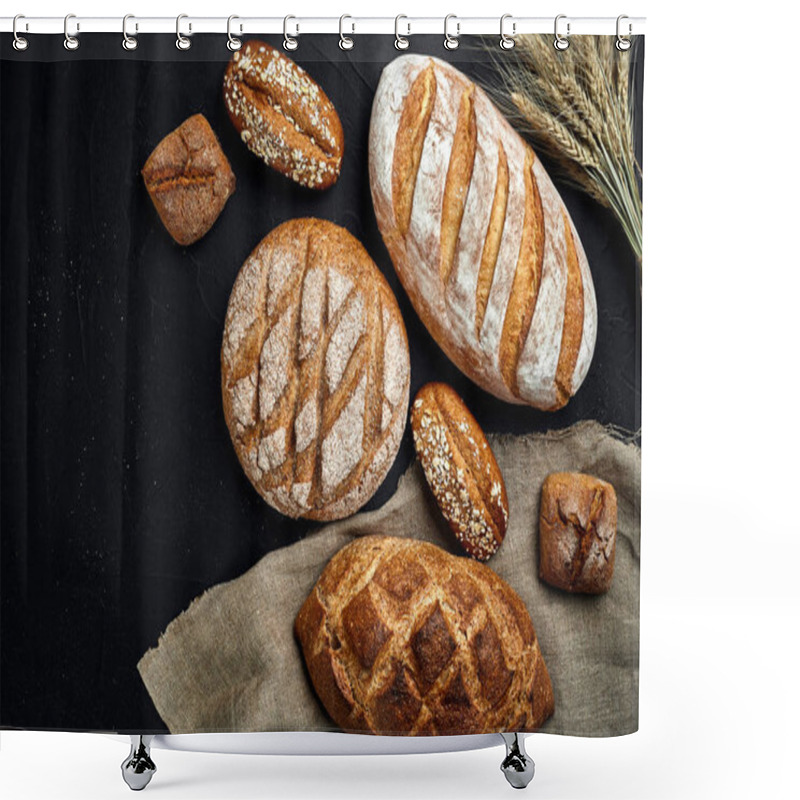 Personality  Bakery - Gold Rustic Crusty Loaves Of Bread And Buns On Black Chalkboard Background. Shower Curtains