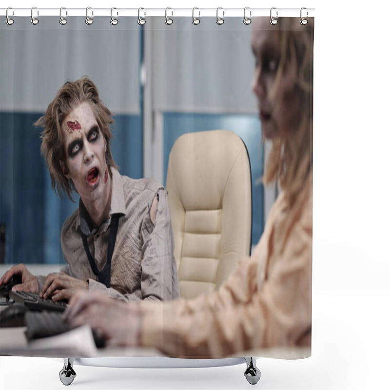 Personality  Zombie Businessman With Greasepaint On Face And Hands Sitting By Workplace And Looking At Female Co-worker During Discussion Shower Curtains