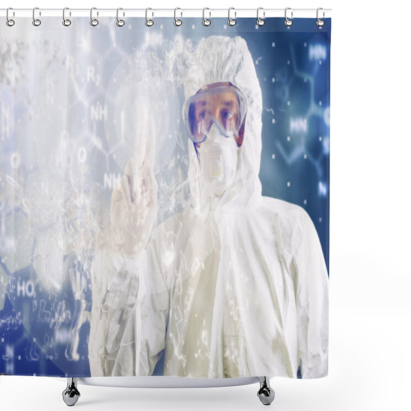 Personality  Chemical Scientist Analyzing Formula On Virtual Screen Shower Curtains