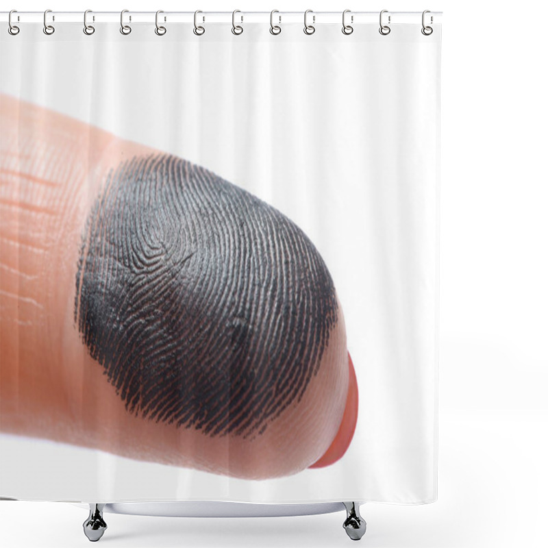 Personality  Closeup View Of Human Finger Covered With Black Ink On White Background Shower Curtains