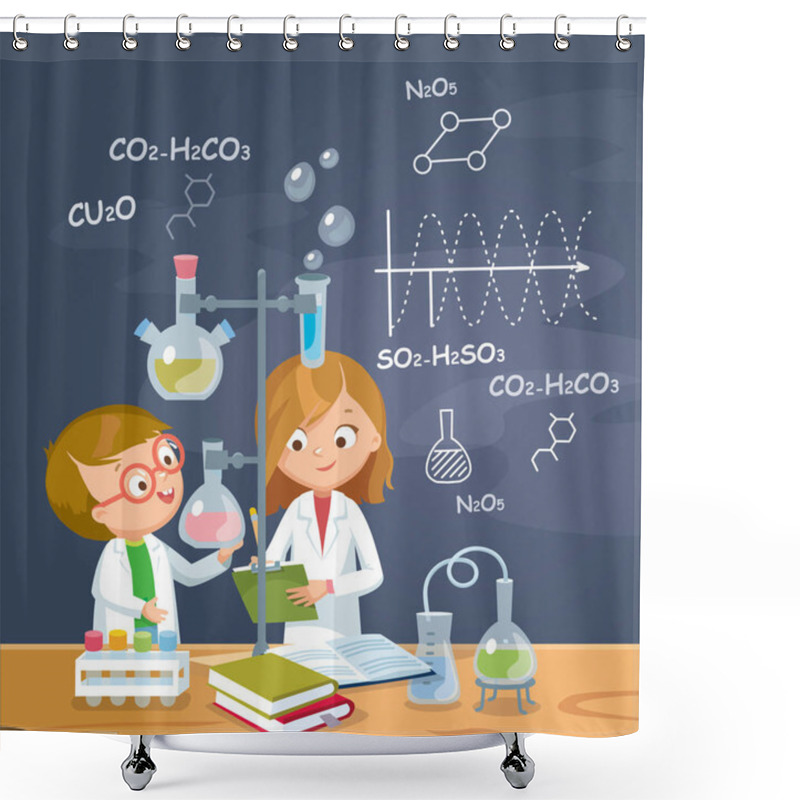 Personality  Children Is Studying Chemistry In Laboratory.  Vector Illustration. Flat Design. Shower Curtains