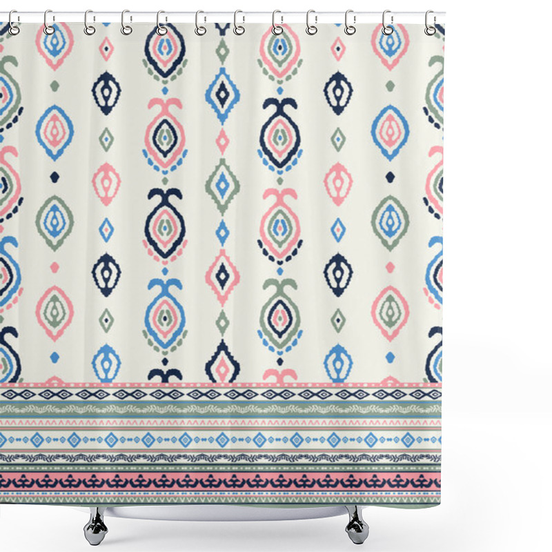 Personality  Ikat Seamless Repeat Pattern With Stripped Border Print. Vector, Bohemian Ethno All Over Print With Vertical Lines And Repeating Elements On White Background. Shower Curtains