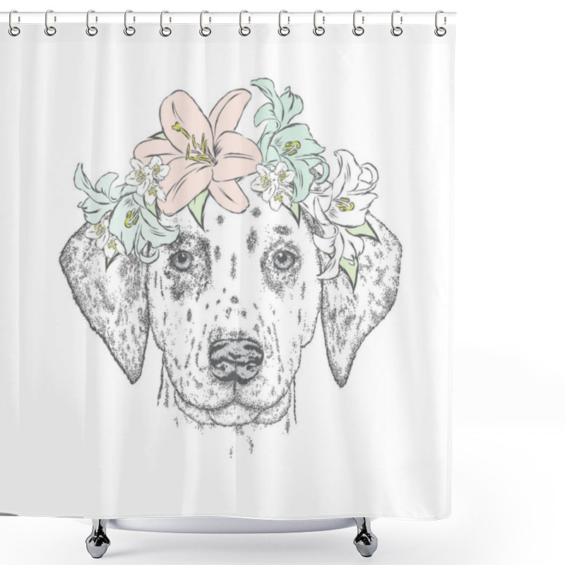 Personality  Beautiful Puppy In A Wreath Of Flowers. Cute Dalmatians. Vector Illustration. Dog And Lilies. Shower Curtains