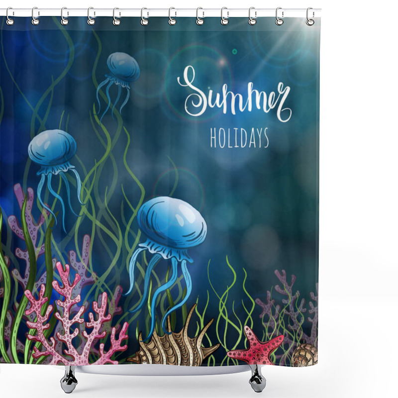 Personality  Composition Of Seashells, Starfish, Jellyfish. Underwater World. Sea Background. Vector Illustration. Shower Curtains