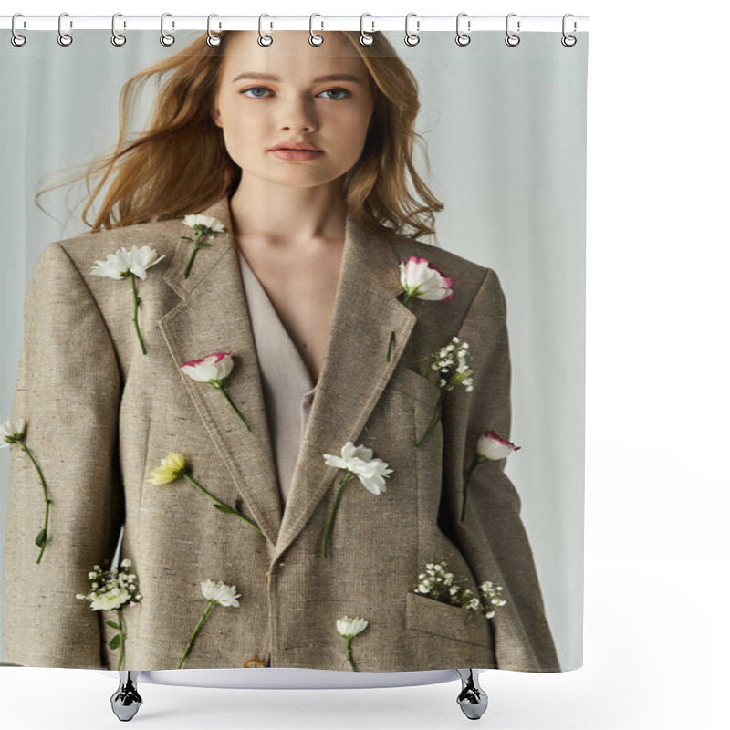 Personality  A Young Woman Smiles Softly As Flowers Accent Her Elegant Blazer. Shower Curtains