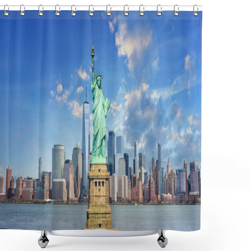 Personality  Panorama View Of New York City Eith Statue Of Liberty Tomorrow Morning At Sunrise. View From Staten Island. Big Art Panorama. Shower Curtains