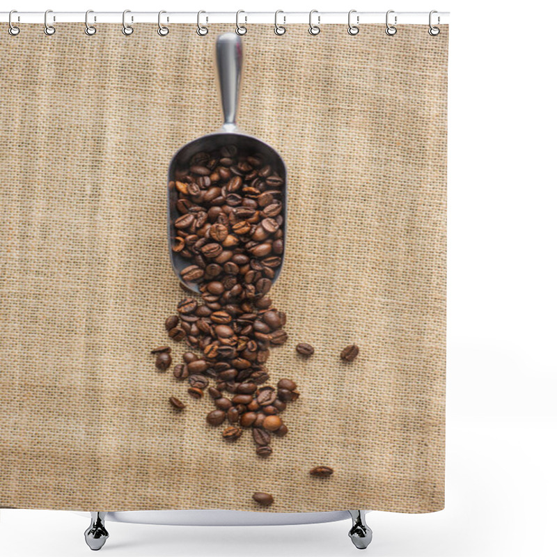 Personality  Top View Of Metal Scoop With Coffee Beans On Sackcloth Shower Curtains