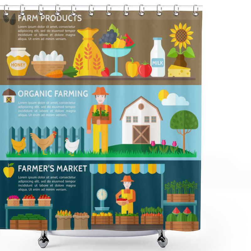 Personality  Agriculture Landscape With Barn House. Organic Farming Eco Concept. Organic Milk, Farm Fresh Products, Locally Grown And Organic Food. Farmer's Market. Vector Flat Style Illustration Shower Curtains