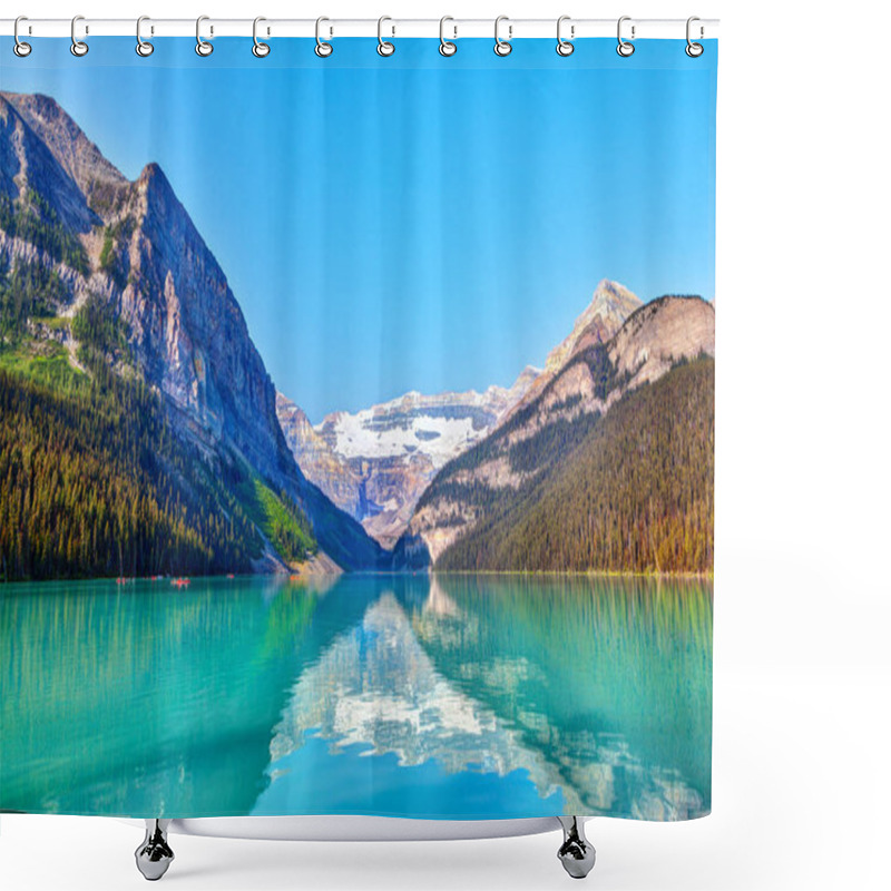 Personality  Lake Louise In Banff National Park With Its Glacier-fed Turquoise Lakes And Mount Victoria Glacier In The Background. Visitors Paddling Red Canoes In The Distance. Shower Curtains