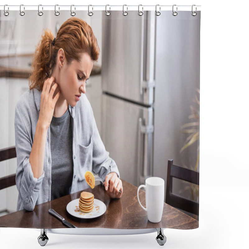 Personality  Attractive Woman With Allergy Scratching Neck While Holding Fork With Pancake  Shower Curtains