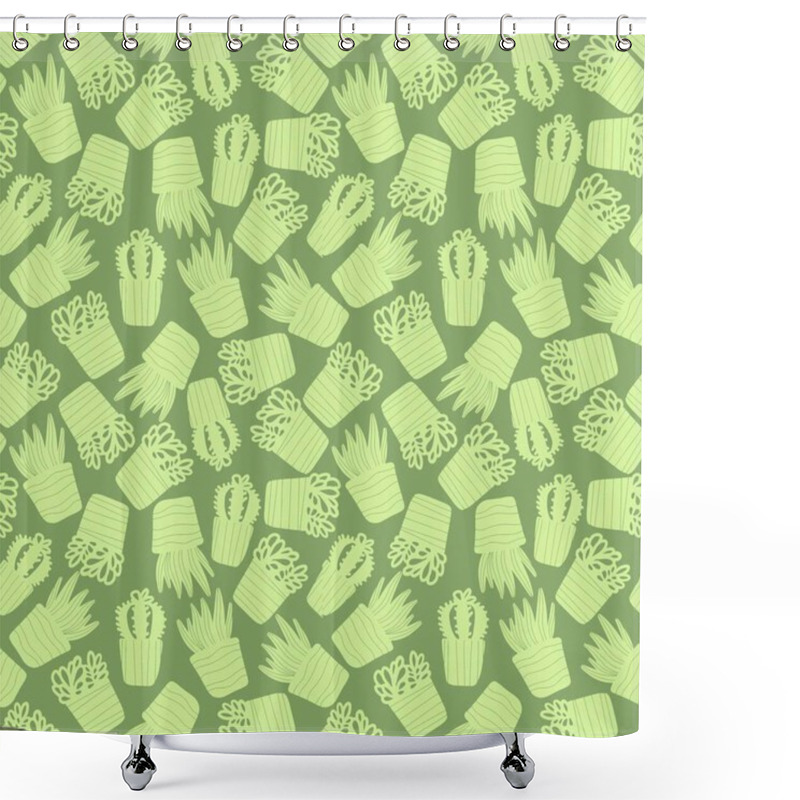 Personality  Camouflage. Seamless Pattern With Silhouette Potted Plants Cactuses, Succulents In Doodle Style Isolated . Vector Illustration Shower Curtains