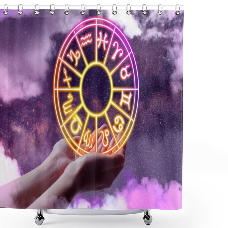 Personality  Astrology. Woman Holding Zodiac Wheel Against Starry Night Sky With Clouds, Closeup Shower Curtains