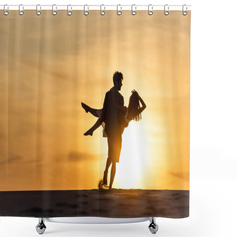 Personality  Silhouettes Of Man And Woman Dancing On Beach Against Sun During Sunset Shower Curtains