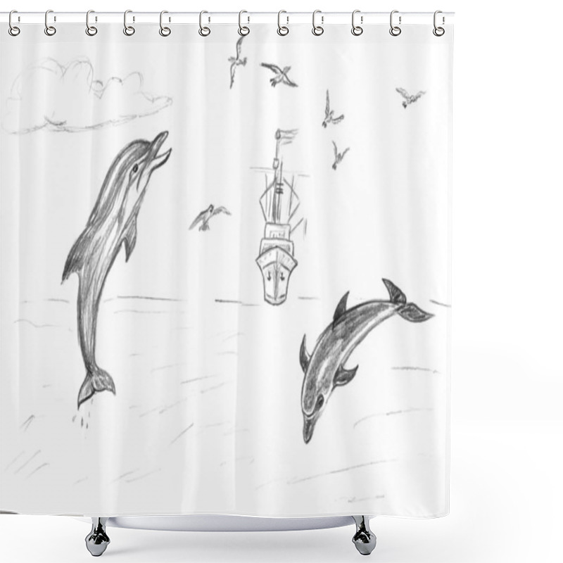 Personality  Dolphins, Seagulls And Ship In The Sea Shower Curtains