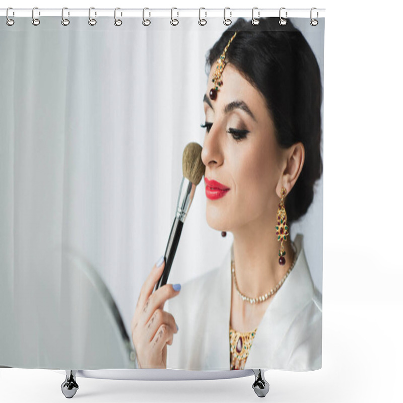 Personality  Indian Bride With Mehndi Applying Face Powder With Cosmetic Brush Near Mirror On White  Shower Curtains