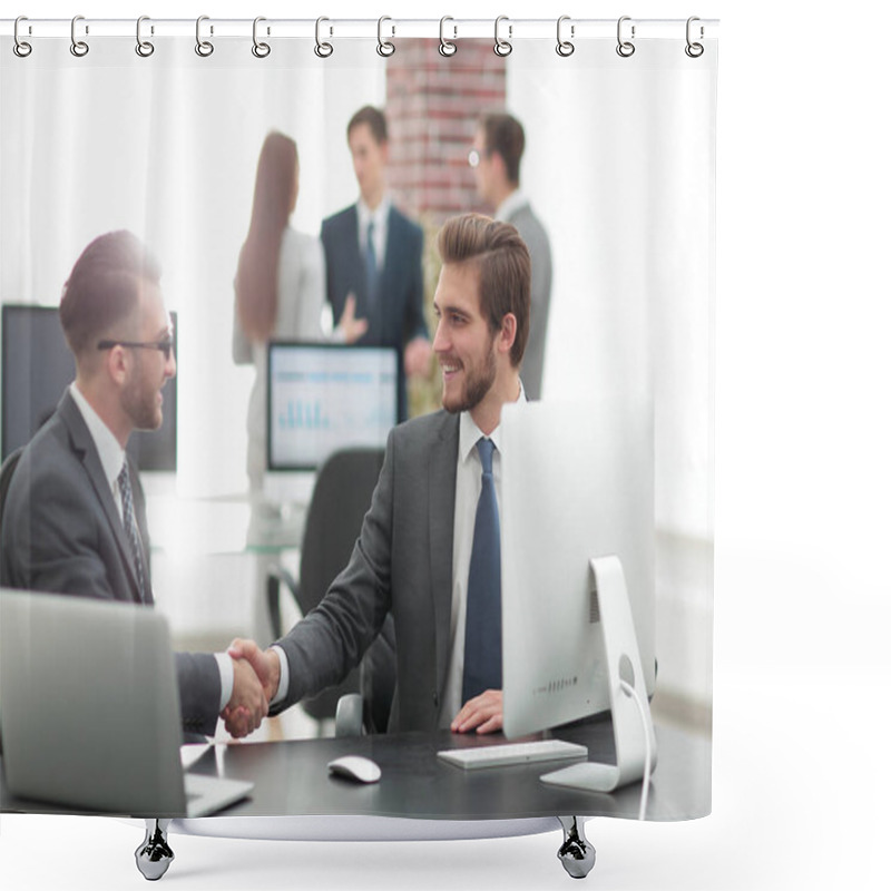 Personality  Successful Managers Shaking Hands After Closing Deal In Office Shower Curtains