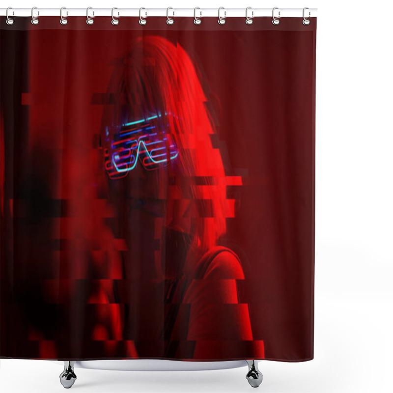 Personality  Girl With Blaster In The Futuristic Battle. Concept Virtual Reality, Cyber Game. Image With Glitch Effect. Shower Curtains