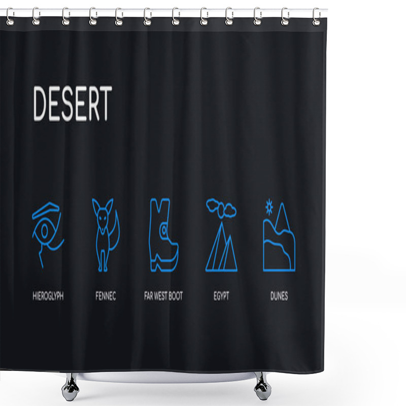 Personality  5 Outline Stroke Blue Dunes, Egypt, Far West Boot, Fennec, Hieroglyph Icons From Desert Collection On Black Background. Line Editable Linear Thin Icons. Shower Curtains