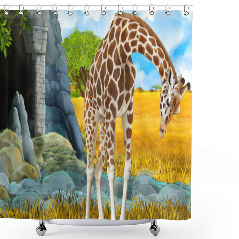 Personality  Cartoon Wildlife Safari Scene With Lion And Giraffe Illustration Shower Curtains