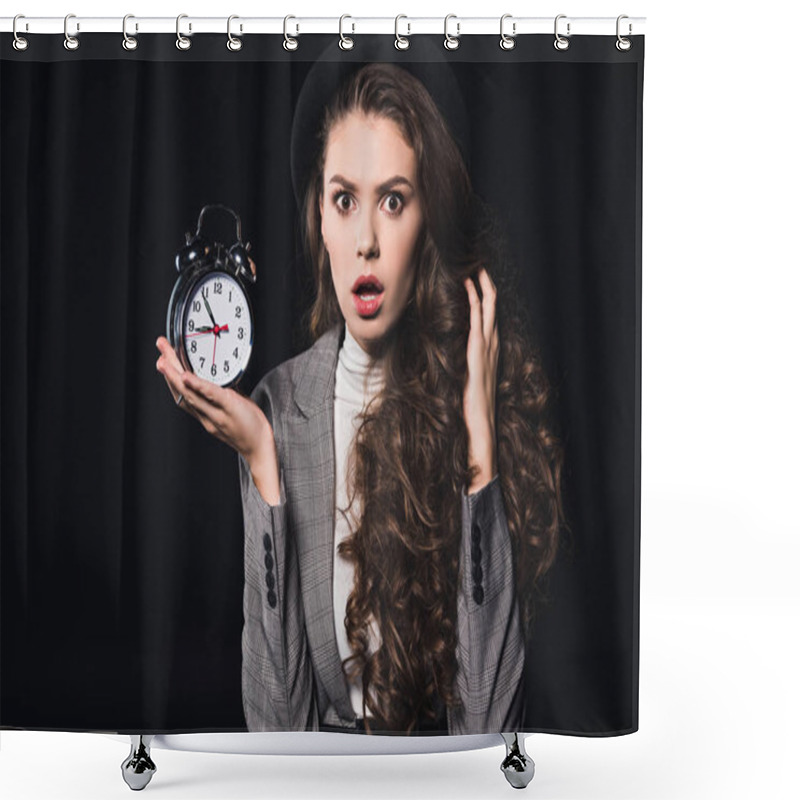 Personality  Shocked Young Woman Holding Clock And Looking At Camera Isolated On Black Shower Curtains