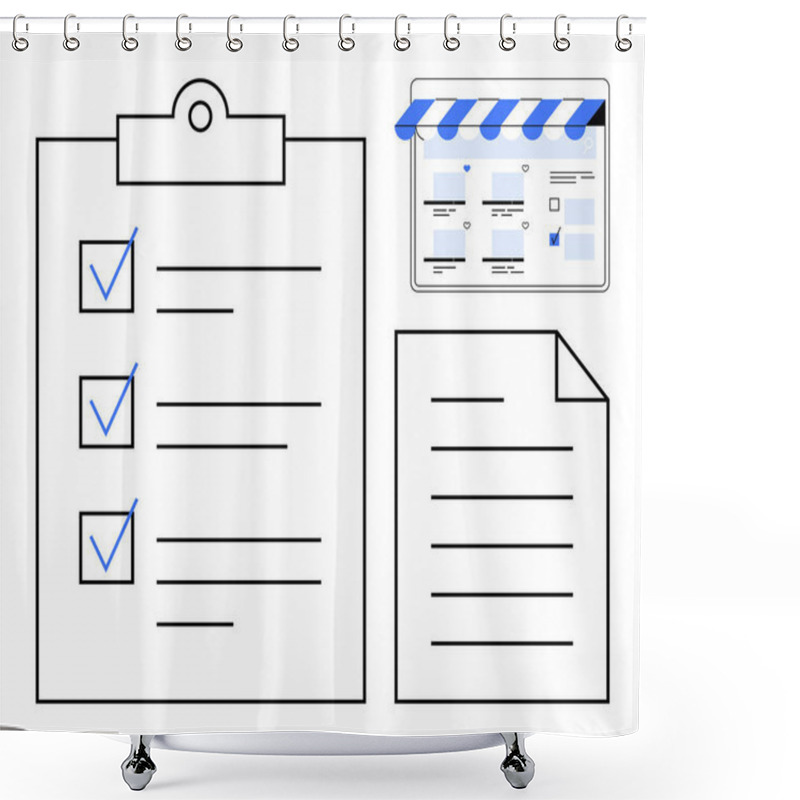 Personality  Checklist With Three Completed Items, A Plain Document With Lines, And A Digital Storefront With Blue Striped Awning. Ideal For Productivity, Task Management, E-commerce, Customer Service Shower Curtains