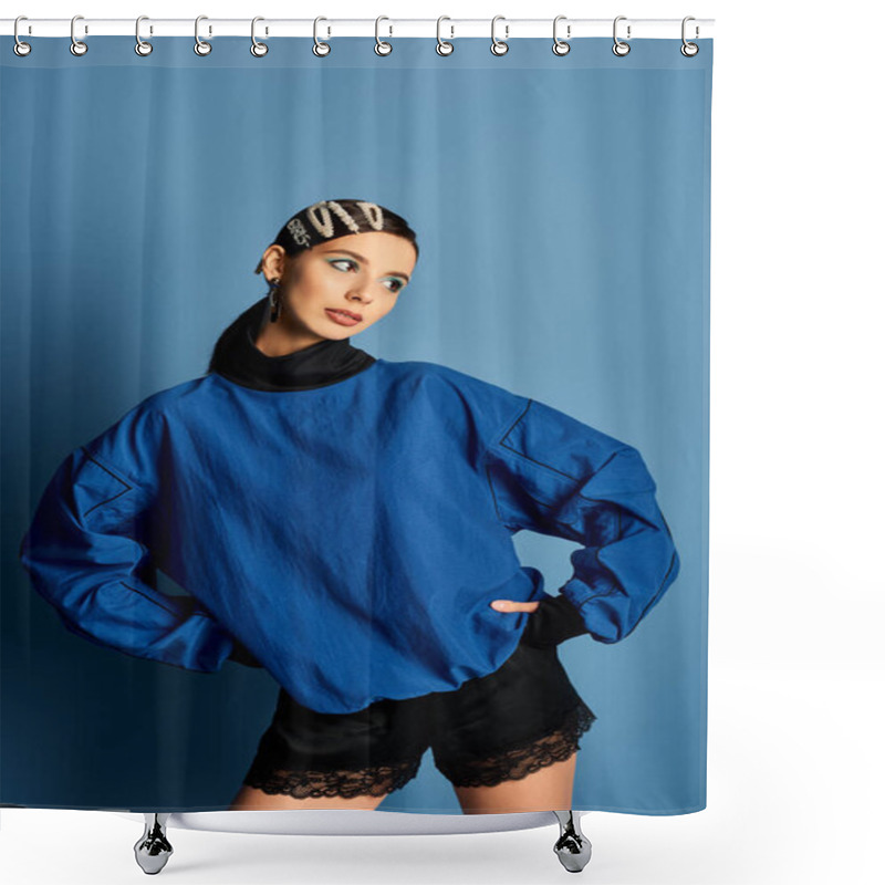 Personality  Young Woman Poses Stylishly In A Chic Outfit, Highlighted By Her Fashionable Hair Clips. Shower Curtains