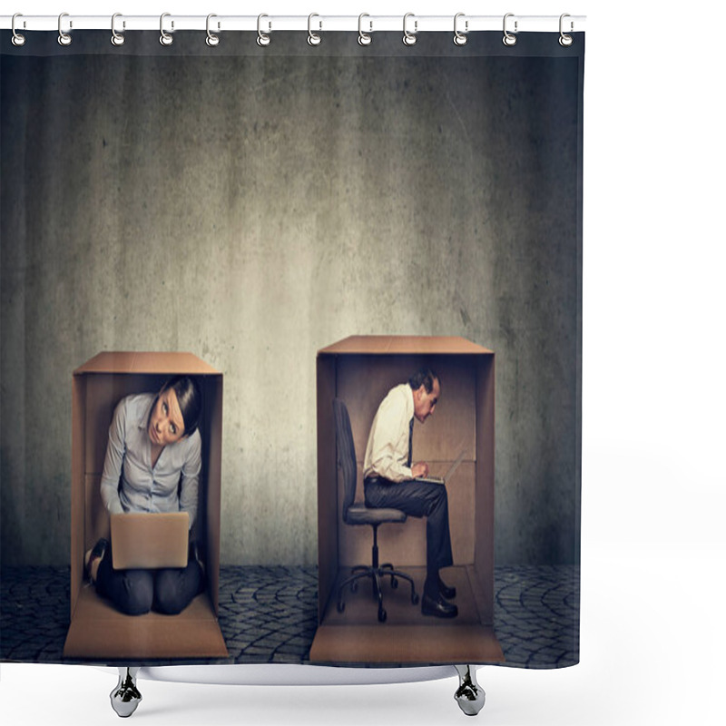 Personality  Introverts. Man And Woman Sitting Inside Boxes Working On Laptop Shower Curtains