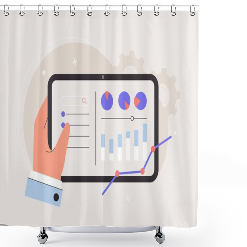 Personality  Marketing Industry, Business Analysis Concept. Hand Holds Tablet. Design Infographi Project, Statistics, Diagram In Screen. Flat Style Vector Illustration. Shower Curtains