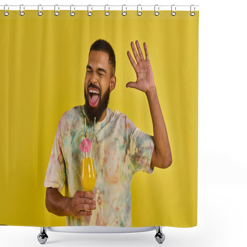 Personality  A Man With A Luxuriant Beard Grasping A Bottle Of Vibrant Juice, Exuding An Air Of Sophistication And Enjoyment. Shower Curtains