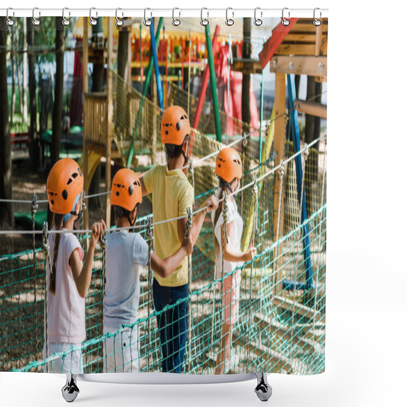 Personality  Cute Multiethnic Kids In Orange Helmets On High Rope Train  Shower Curtains