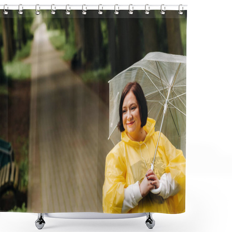 Personality  A Woman In A Yellow Raincoat And An Umbrella Walks In The Park And Garden In Summer. Shower Curtains