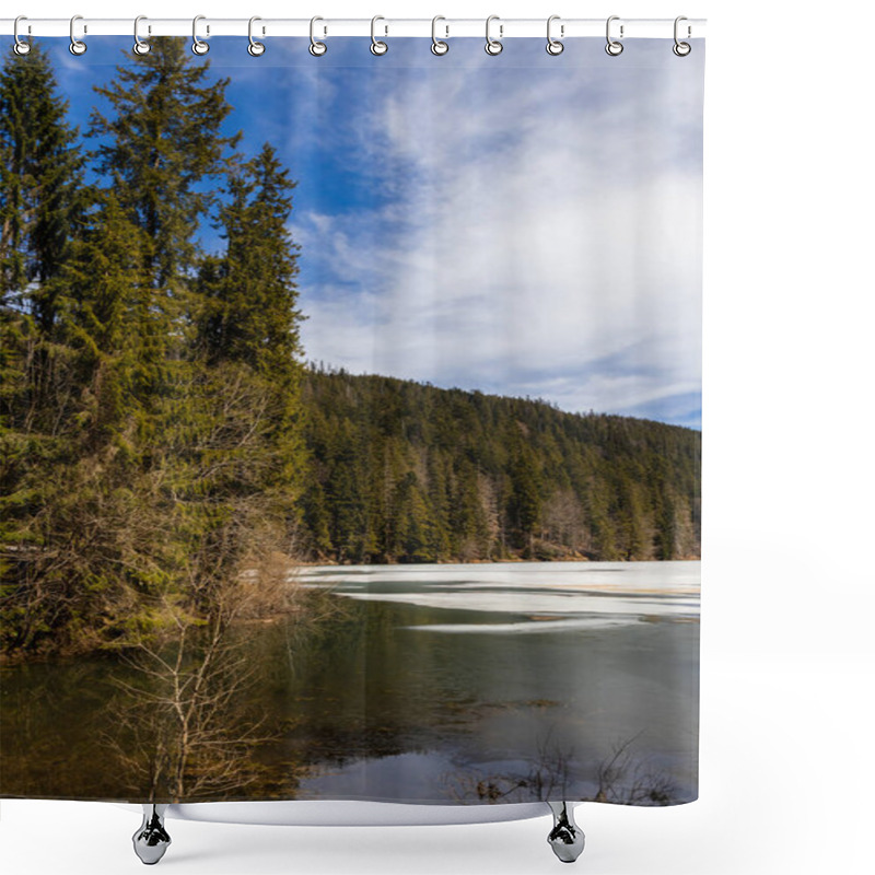 Personality  Evergreen Trees On Shore Of Lake With Snow In Forest  Shower Curtains