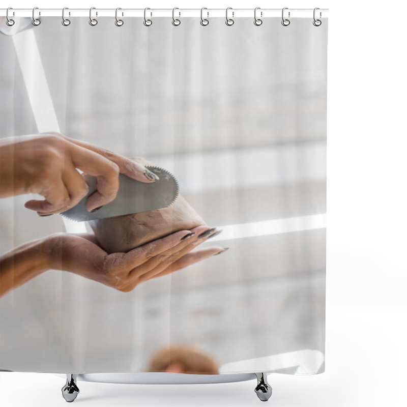 Personality  Low Angle View Of African American Woman Sculptor Making Clay Product In Workshop  Shower Curtains