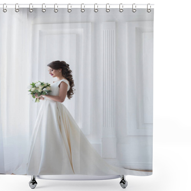 Personality  Bride Posing In Elegant White Dress With Wedding Bouquet Shower Curtains