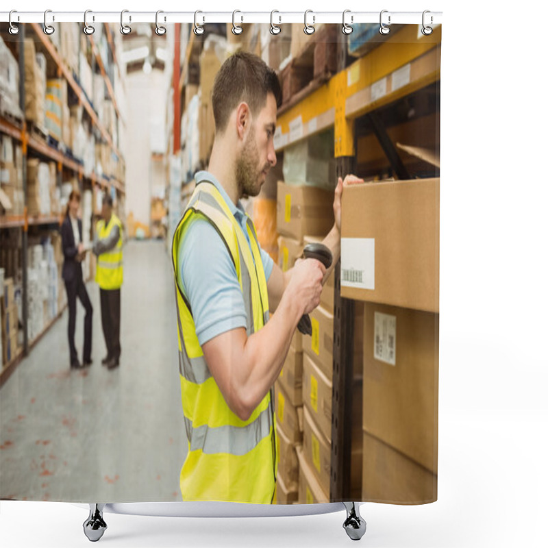 Personality  Warehouse Worker Scanning Barcode On Box Shower Curtains