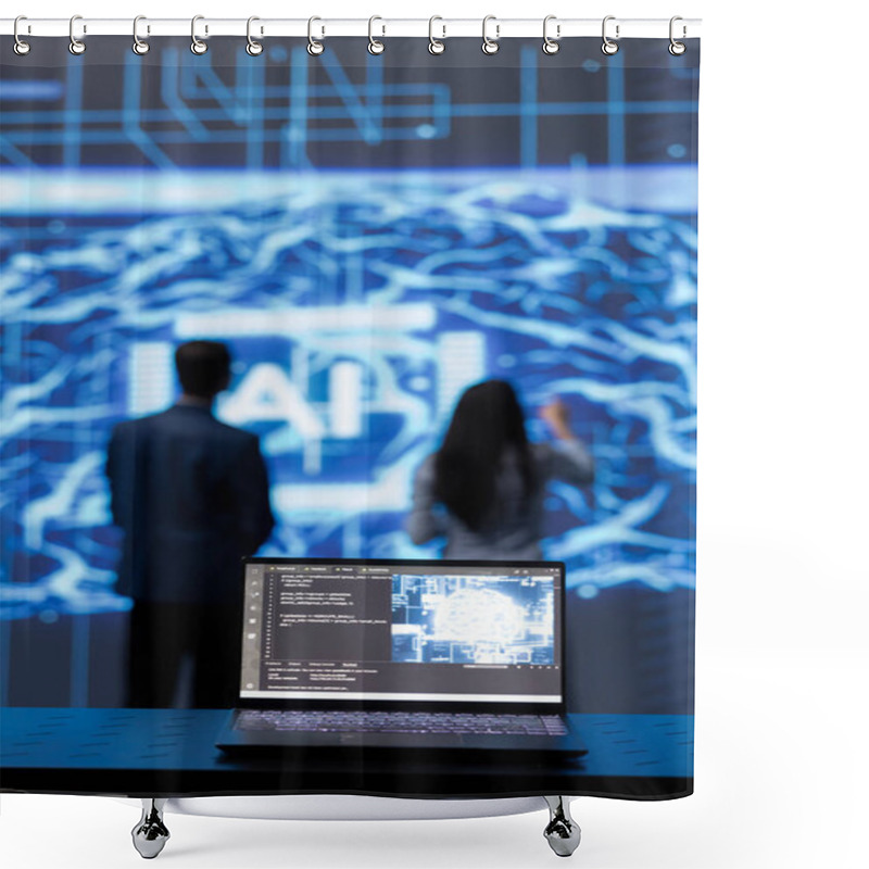Personality  Focus On Complex AI Brain Models Being Analyzed On Laptop By Developers In Blurry Background. Close Up Of Machine Learning On Notebook Used By Teamworking IT Staff Members To Develop AI Shower Curtains