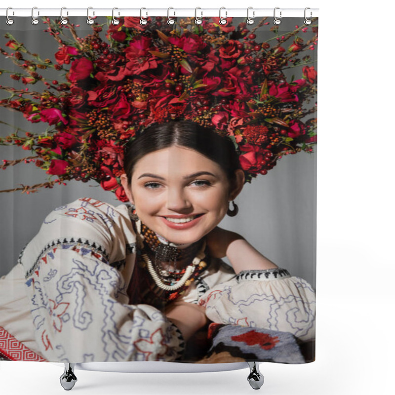 Personality  Portrait Of Joyful Ukrainian Woman In Traditional Clothes And Floral Red Wreath Isolated On Grey Shower Curtains