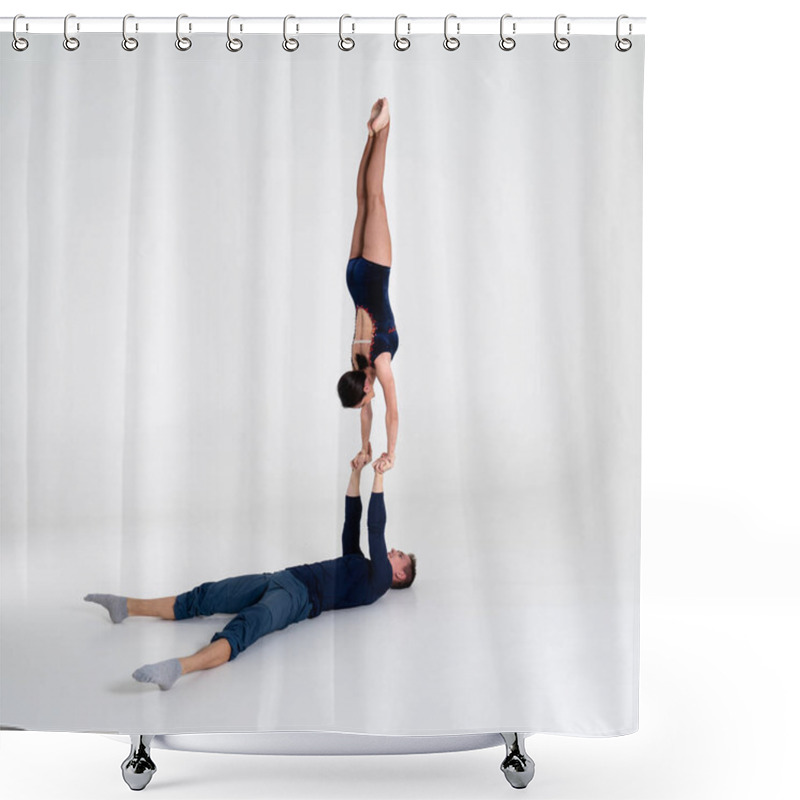 Personality  Duo Of Acrobats Showing Hand To Hand Trick, Isolated On White Shower Curtains