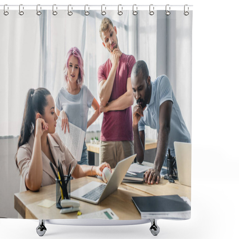 Personality  Selective Focus Of Thoughtful Multiethnic Business People Working Together In Office  Shower Curtains