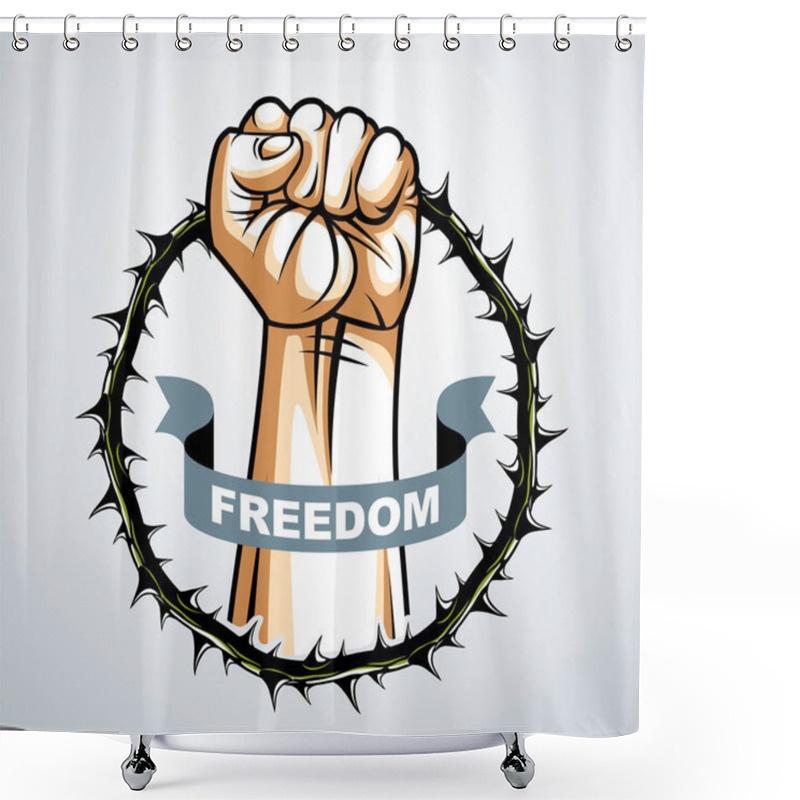 Personality  Slavery Theme Illustration With Strong Hand Clenched Fist Fighti Shower Curtains