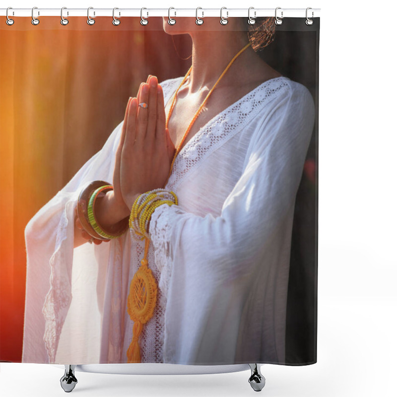 Personality  Woman Hands In Namaste Gesture Practice Yoga Outdoor Day Shot Cl Shower Curtains