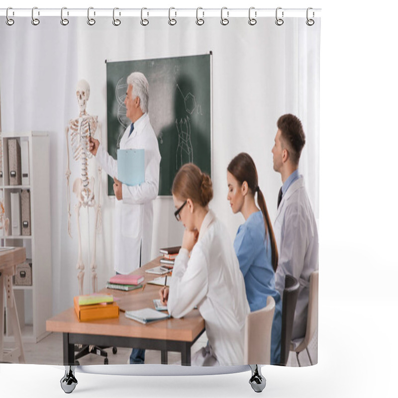 Personality  Medical Students And Professor Studying Human Skeleton Anatomy In Classroom Shower Curtains