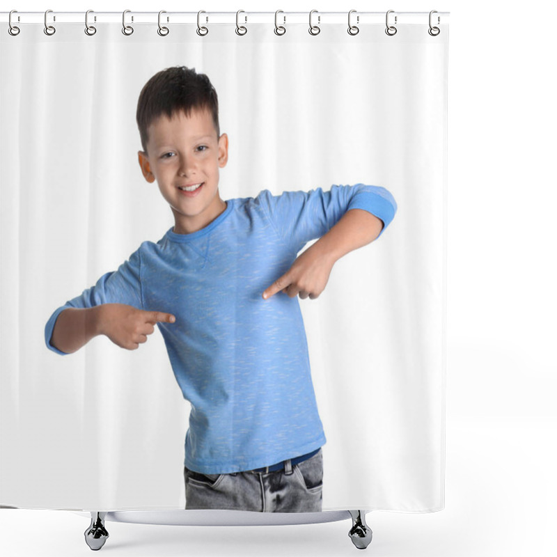 Personality  Little Boy In Long Sleeve T-shirt On White Background. Mock-up For Design Shower Curtains