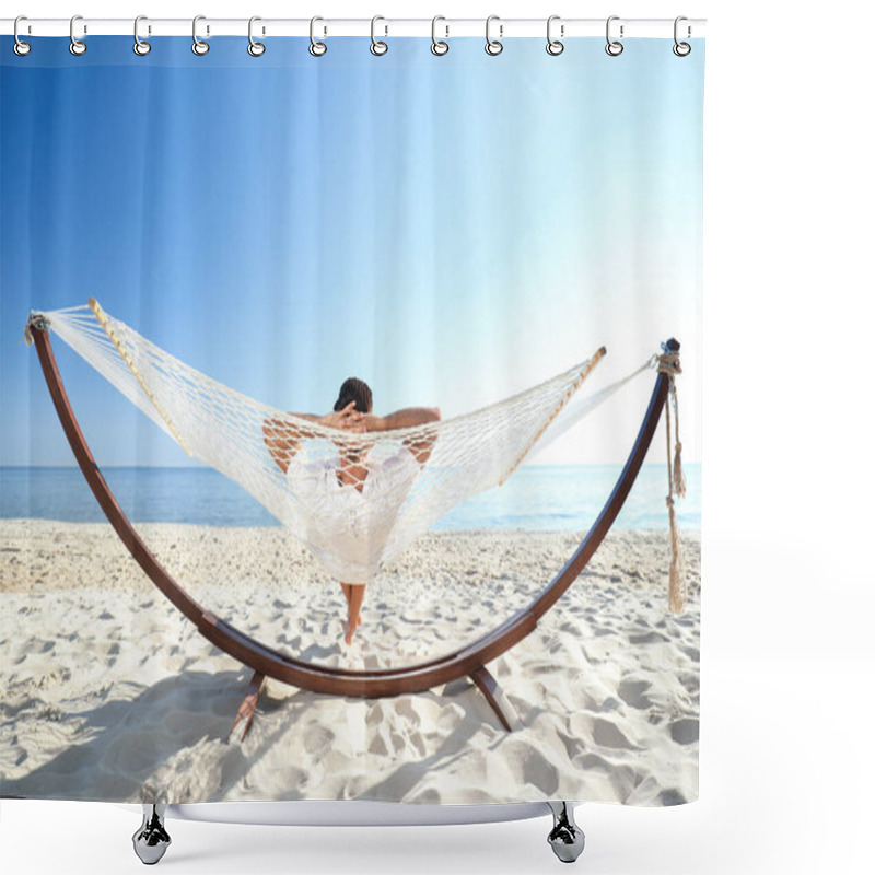 Personality  Man Relaxing In Hammock On Beach. Summer Vacation Shower Curtains