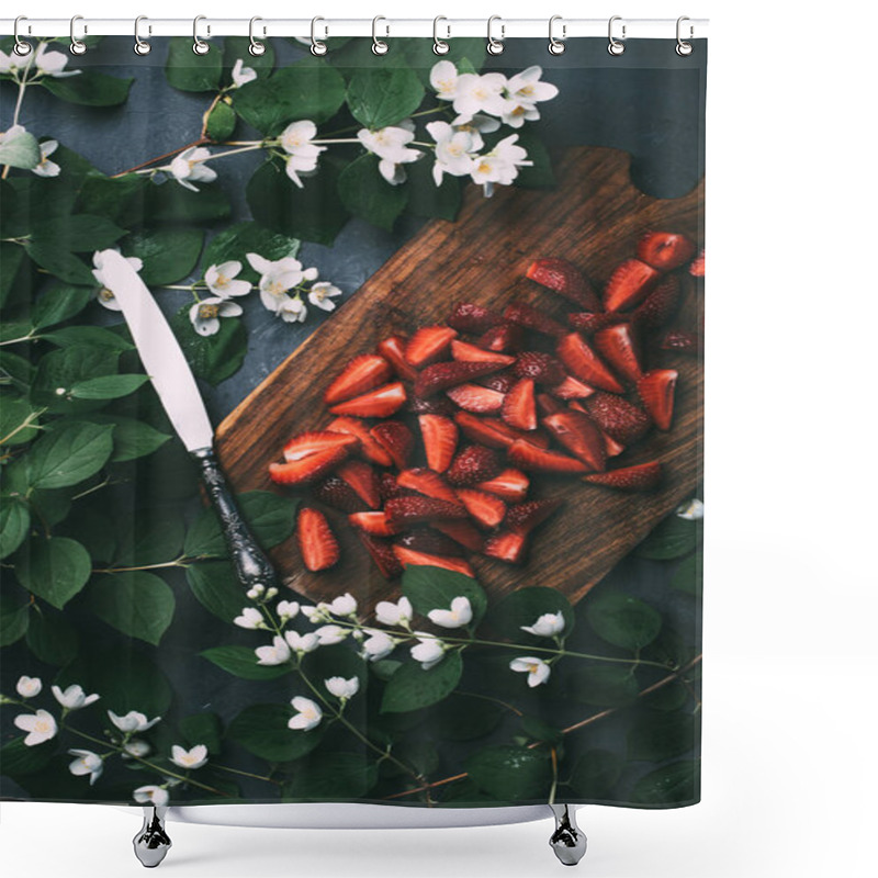 Personality  Top View Of Beautiful Jasmine Flowers, Sliced Strawberries On Wooden Cutting Board And Knife Shower Curtains