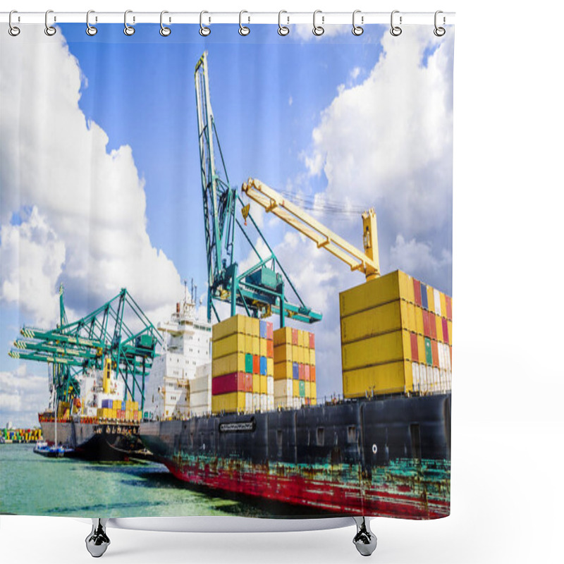 Personality  Container Ship In The Port Of Antwerp Shower Curtains