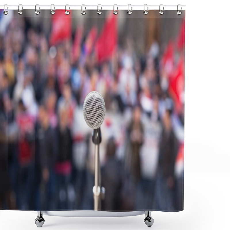 Personality  Microphone In Focus Against Unrecognizable Crowd Of People Shower Curtains