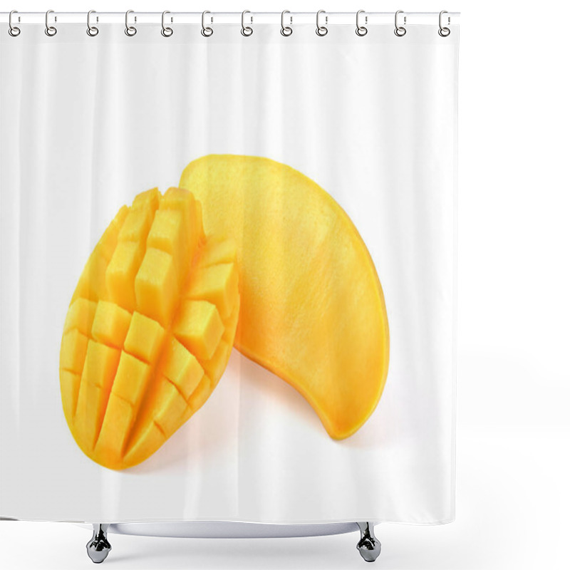 Personality  Half Of Ripe Mango And Slice Isolated On White Background Shower Curtains